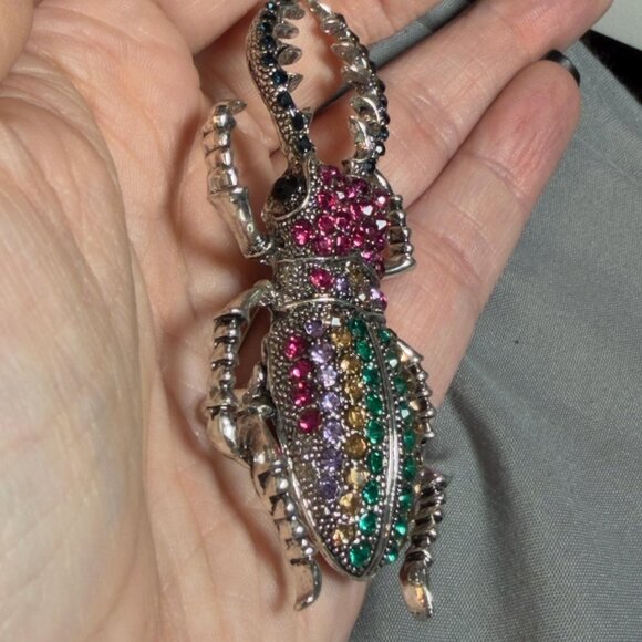 Beetle Brooch Rhinestone Insect Pin 3 inches - Picture 9 of 12